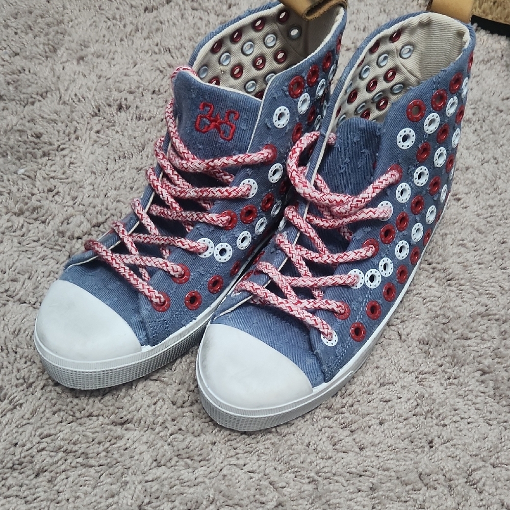Trendy High-Top Denim Sneakers with White and Red Rivet Design